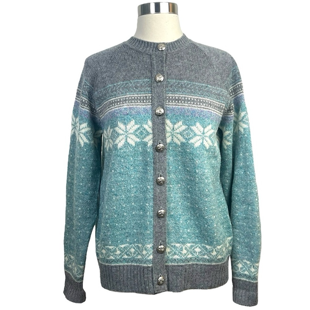 Vintage Wool Blend Knit Nordic Snowflake Cardigan Sweater‎ With Silver Buttons L